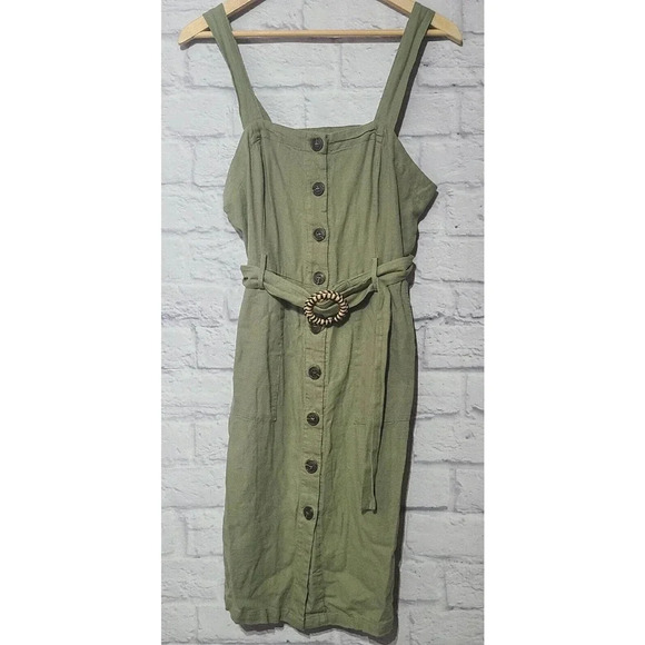 Altar'd State Linen Blend Overall Dress Women's Size Large Green Belted Buttons - Picture 1 of 5